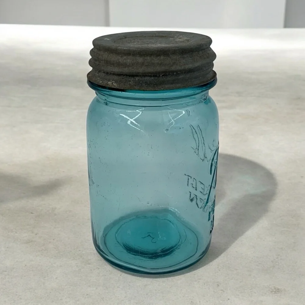Ball Perfect Mason Glass Jar 1923-33 Pint Size #5 Aqua Blue With Zinc Metal Lid